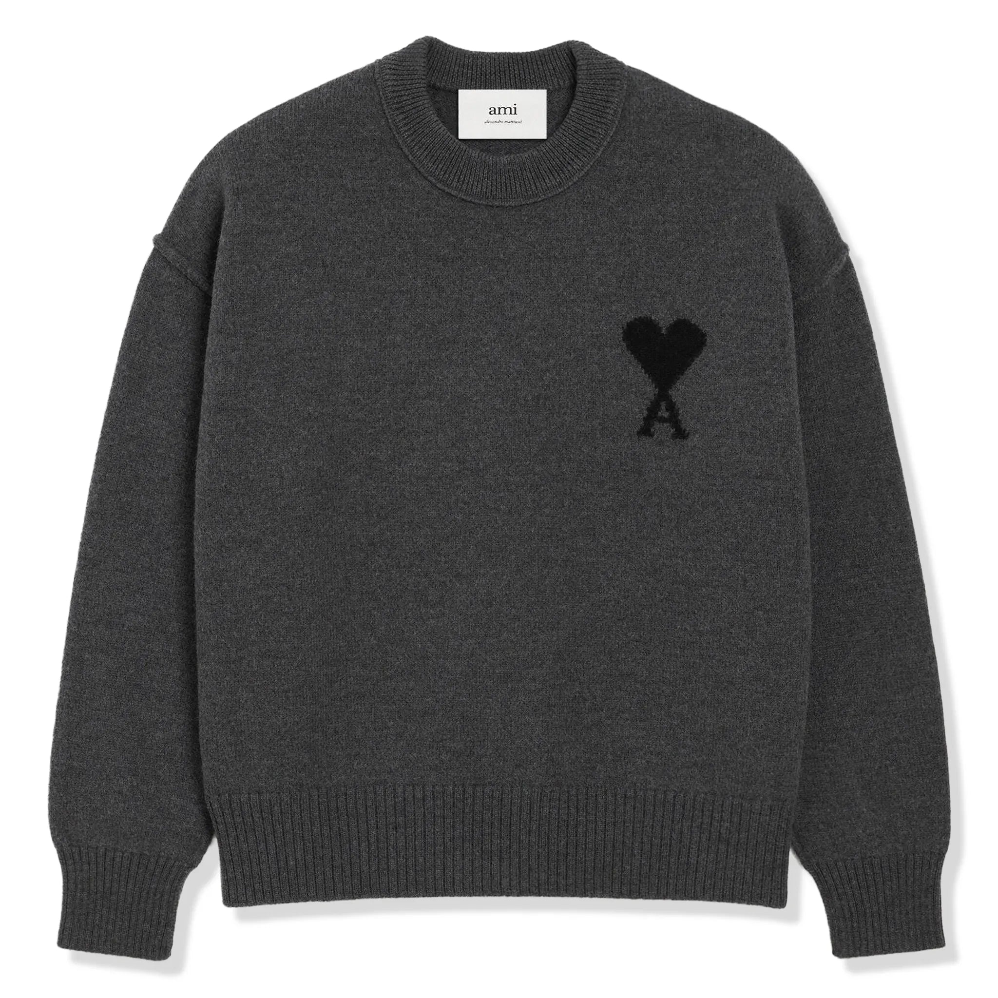 Front View of Ami Paris Ami De Coeur Wool Heather Grey Black Crewneck Sweater UKS838-018-0504